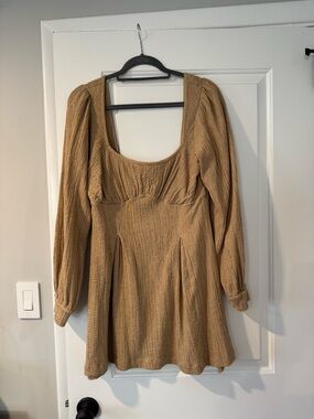 Free People Tan Long-Sleeve Scoop Neck Mini Dress